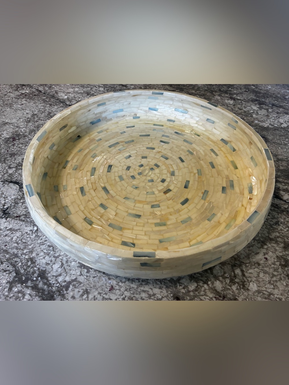 Pier 1 Imports Blue and White Mother of Pearl Round Serving Tray/Bowl.